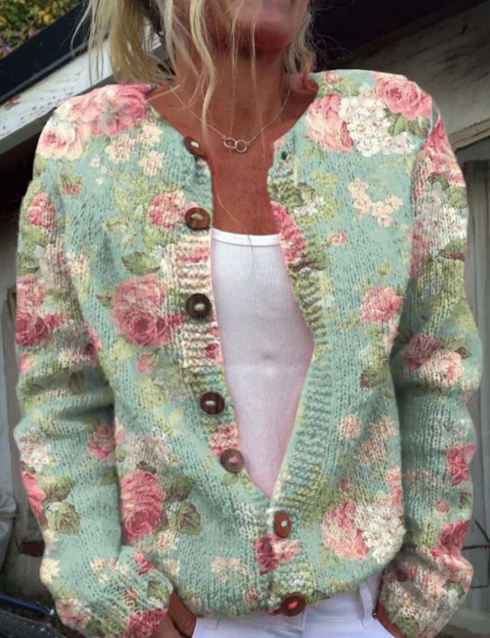 Debrah | Elegant green cardigan with floral print