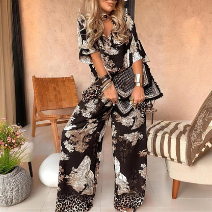 Ensia - Printed Top with V-Neck + Long Pants